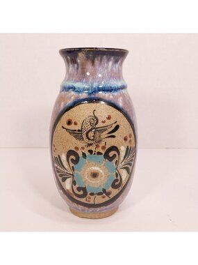 Signed NETZI Mexico Tonala Pottery 6" Vase Purple & Blue w/ Flower & Bird